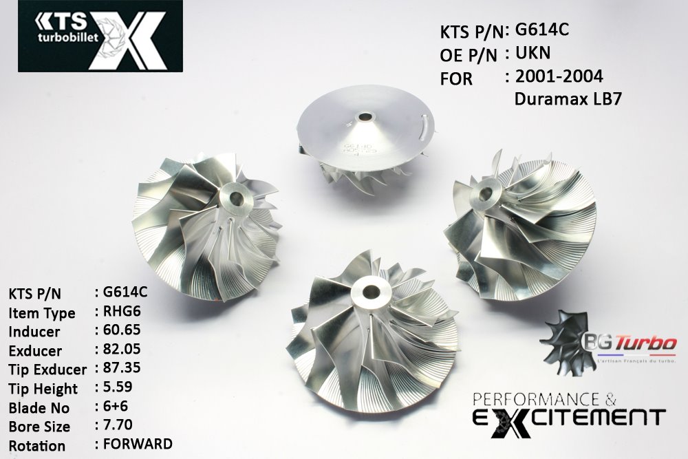 Turbo ROUE FORGÉE MFS PERFORMANCE - 6+6 PALES - INDUCER : 60,65 - EXDUCER : 82,05 - TYPE : RHG6ANGLE : 45° - ROTATION : Forward - SUPER BACK : 5,36 - BORE SIZE : 7,7
